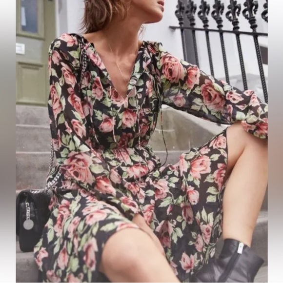 The Kooples Dresses & Skirts - The Kooples 100% Silk Midi Dress With Roses Flowy Ruffled Sz 1= Small